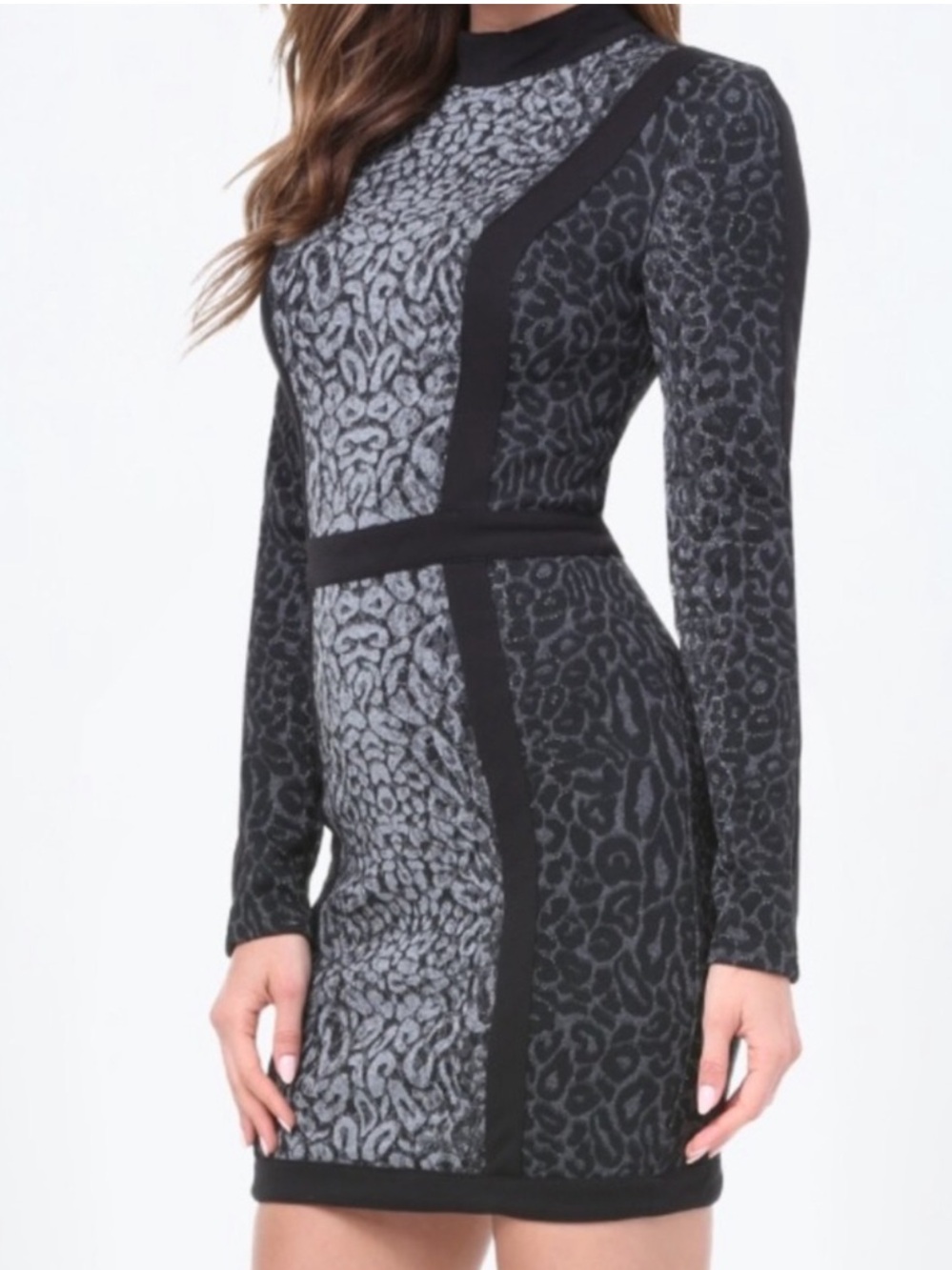 Bebe Black & Gray Leopard-Print Long Sleeve Bodycon Mini Dress